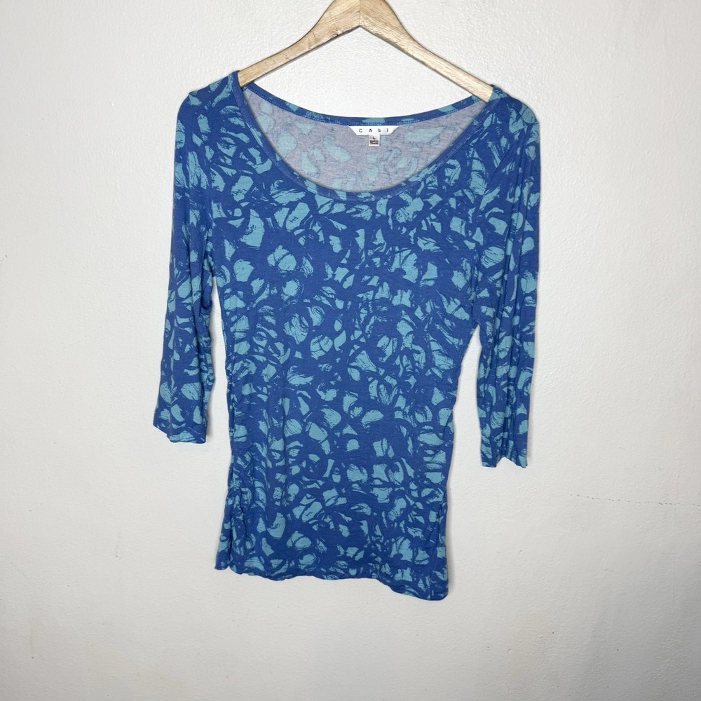 Cabi Scoop Neck Abstract 3/4 Sleeve Ruched Side Shirt Top Women's Large